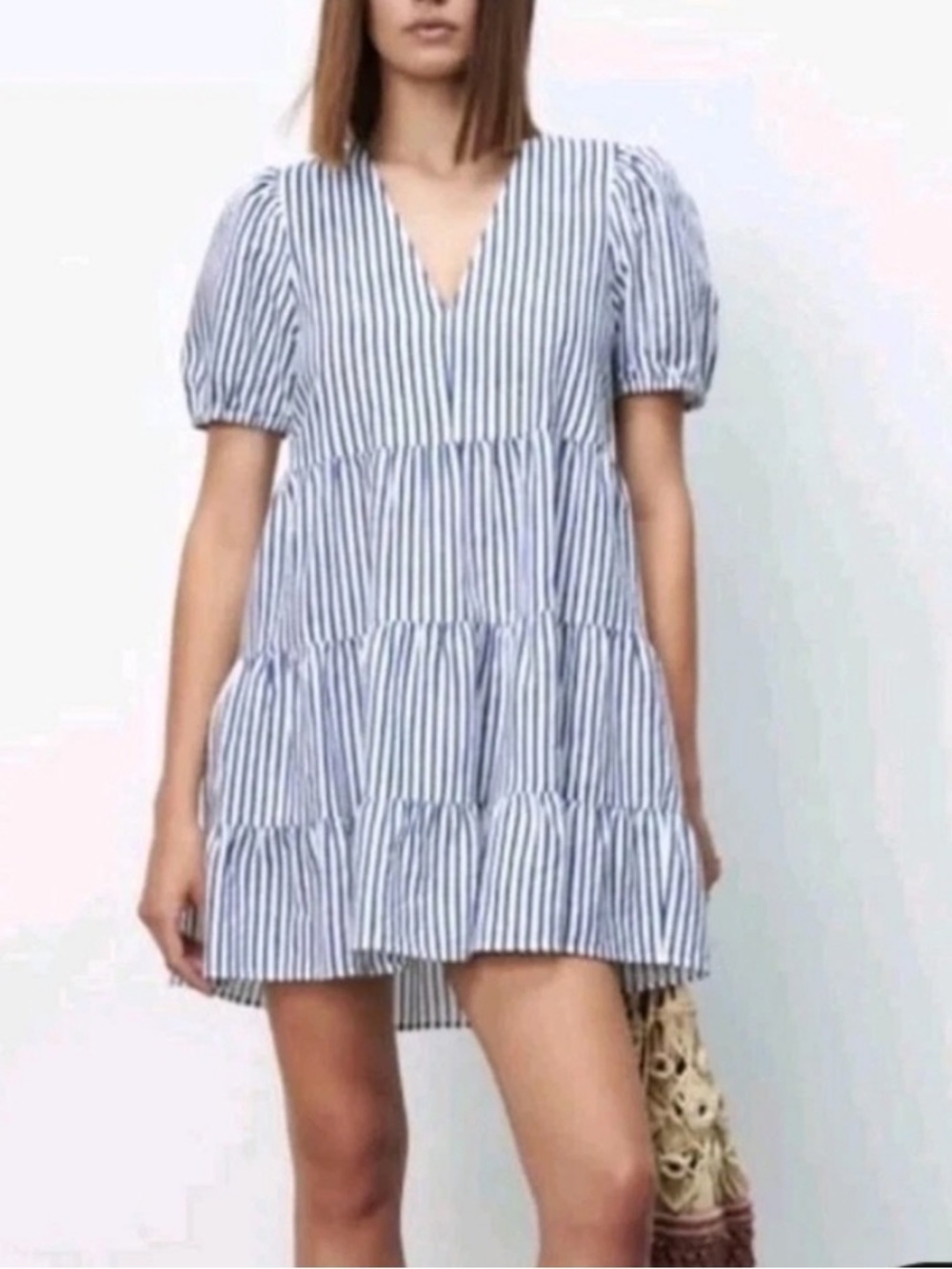 Zara Blue & White Striped VNeck Tiered Babydoll Fairy Boho Nautical Mini Dress-S